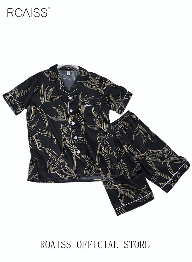 roaiss Plus Size Men's 2 PCS Pajama Set, Leaf Print Ice Silk Sleepwear Set,  Loose Button Placket Short Sleeve Top and Elastic Waist Shorts,  Cooling  Breathable Lightweight Polyester Blend Loungewear Set, Cozy Casual Nightwear for Spring Summer, Black - Image 4